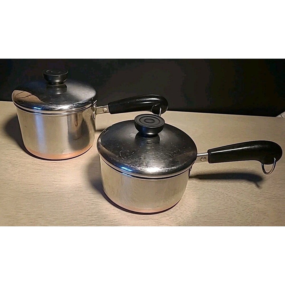 Set 2 Revere Ware 1801 Copper Bottom Sauce Pans Pots Lids 1 Qt and 1.5 Qt
